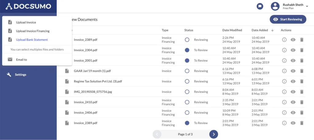 Dashboard of docsumo