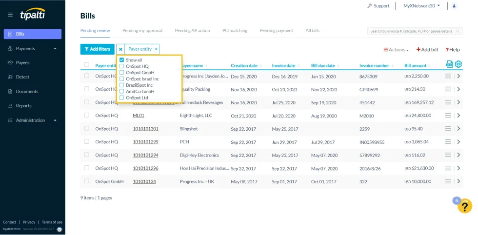 A dashboard of Tiplati that shows payment management for multiple vendors