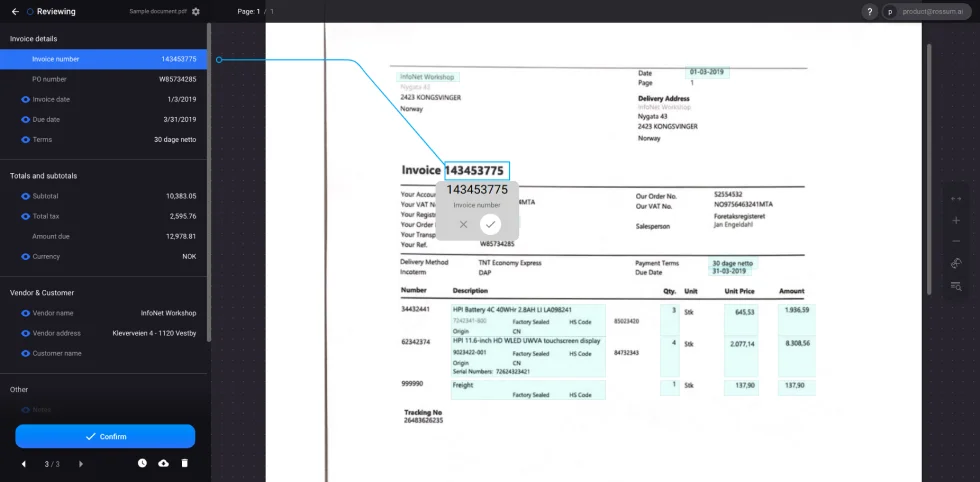 An overview of Rossum’s tool in action with a dashboard