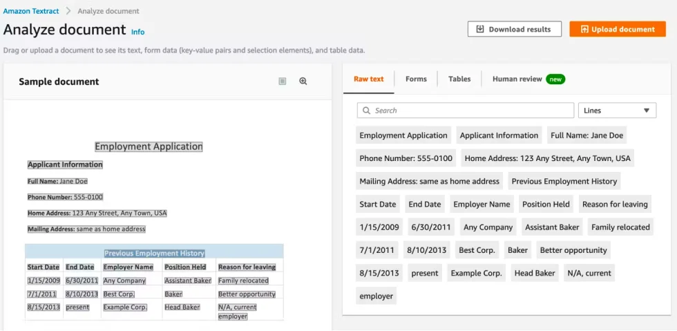 Amazon Textract’s dashboard for sample document analysis