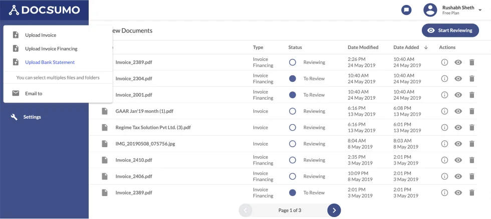 Docsumo dashboard for uploading new documents