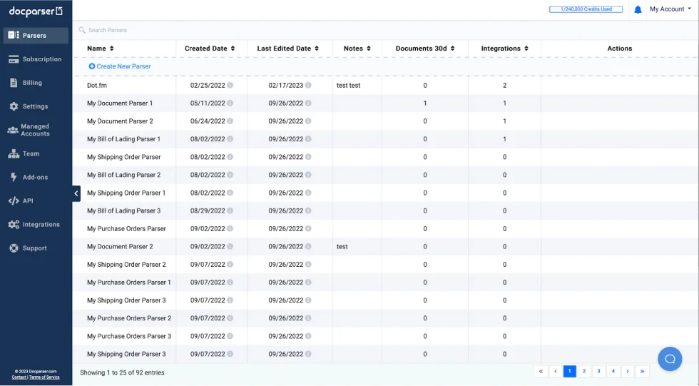 A dashboard of Docparser that shows listings of all the documents processed