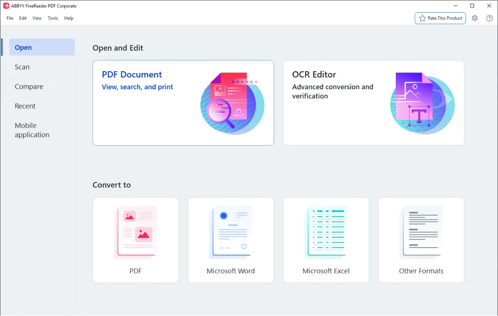 A dashboard of Abbyy Finereader that shows options to add new documents, scan, and other options.