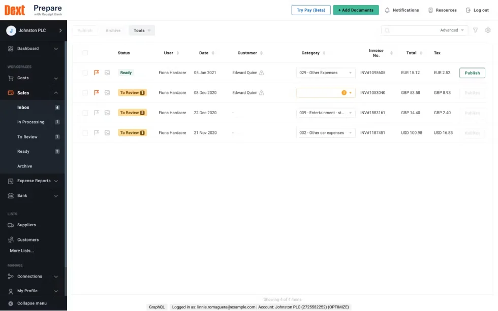 A dashboard of Dext Prepare to check the status of processed documents