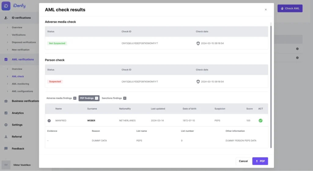 iDenfy AML Dashboard