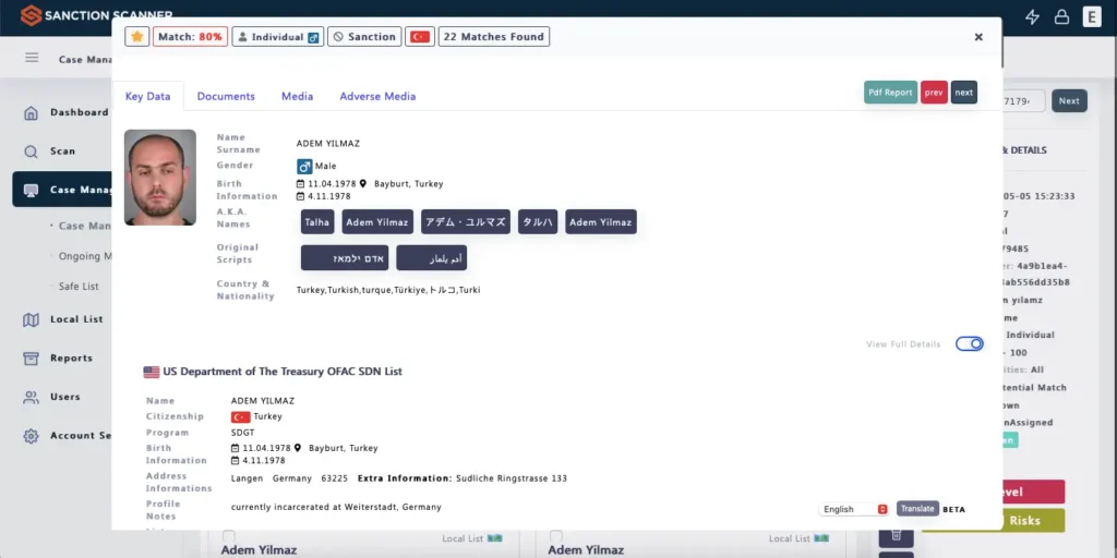 Sanction Scanner AML Dashboard