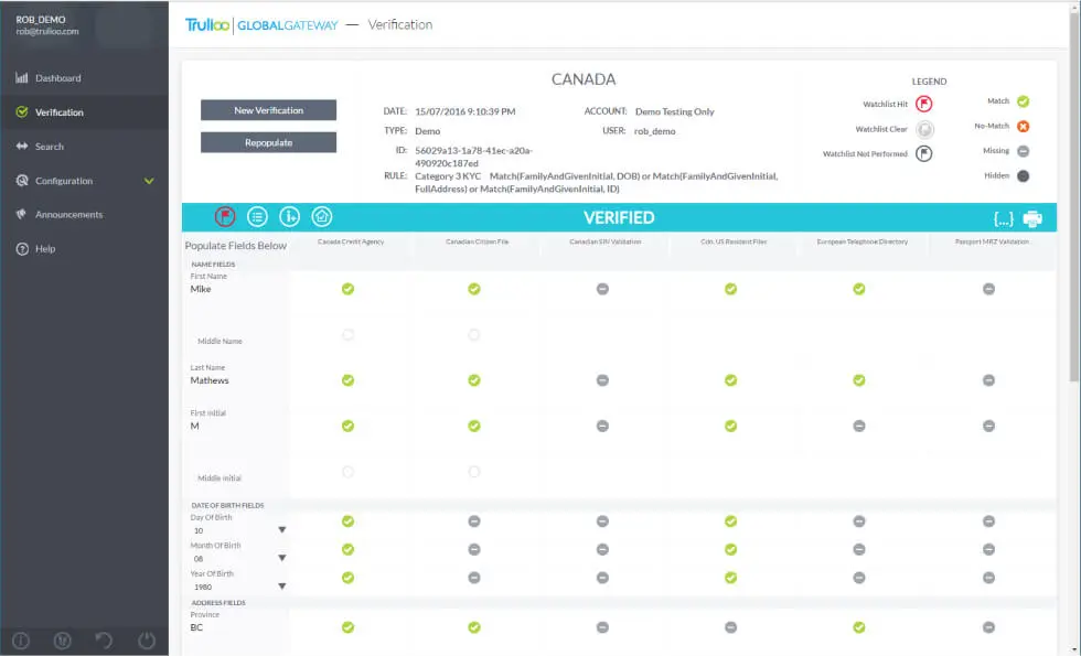 Trulioo KYC dashboard