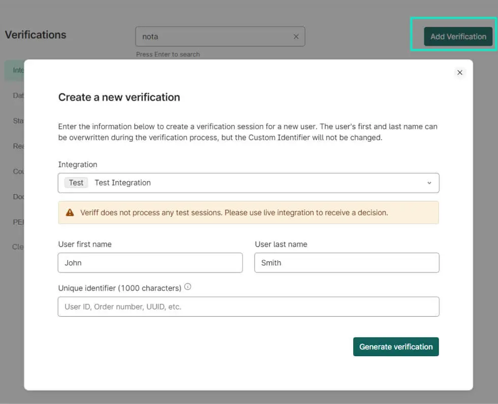 Veriff KYC dashboard