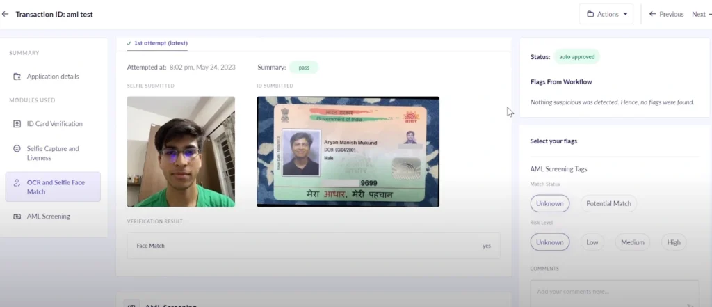 Transaction ID AML test dashboard